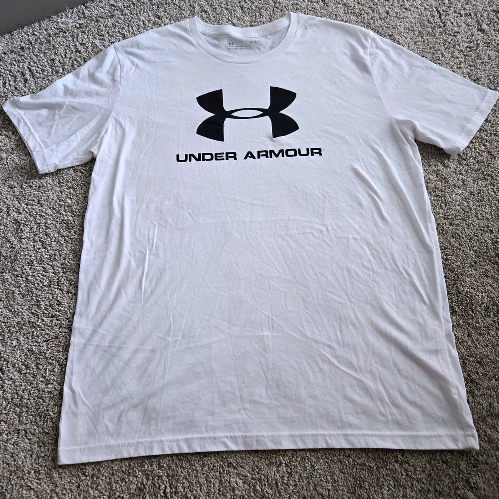 Under Armour Mens Graphic T-Shirt White Large Loose Fit Logo Short Sleeve Tee